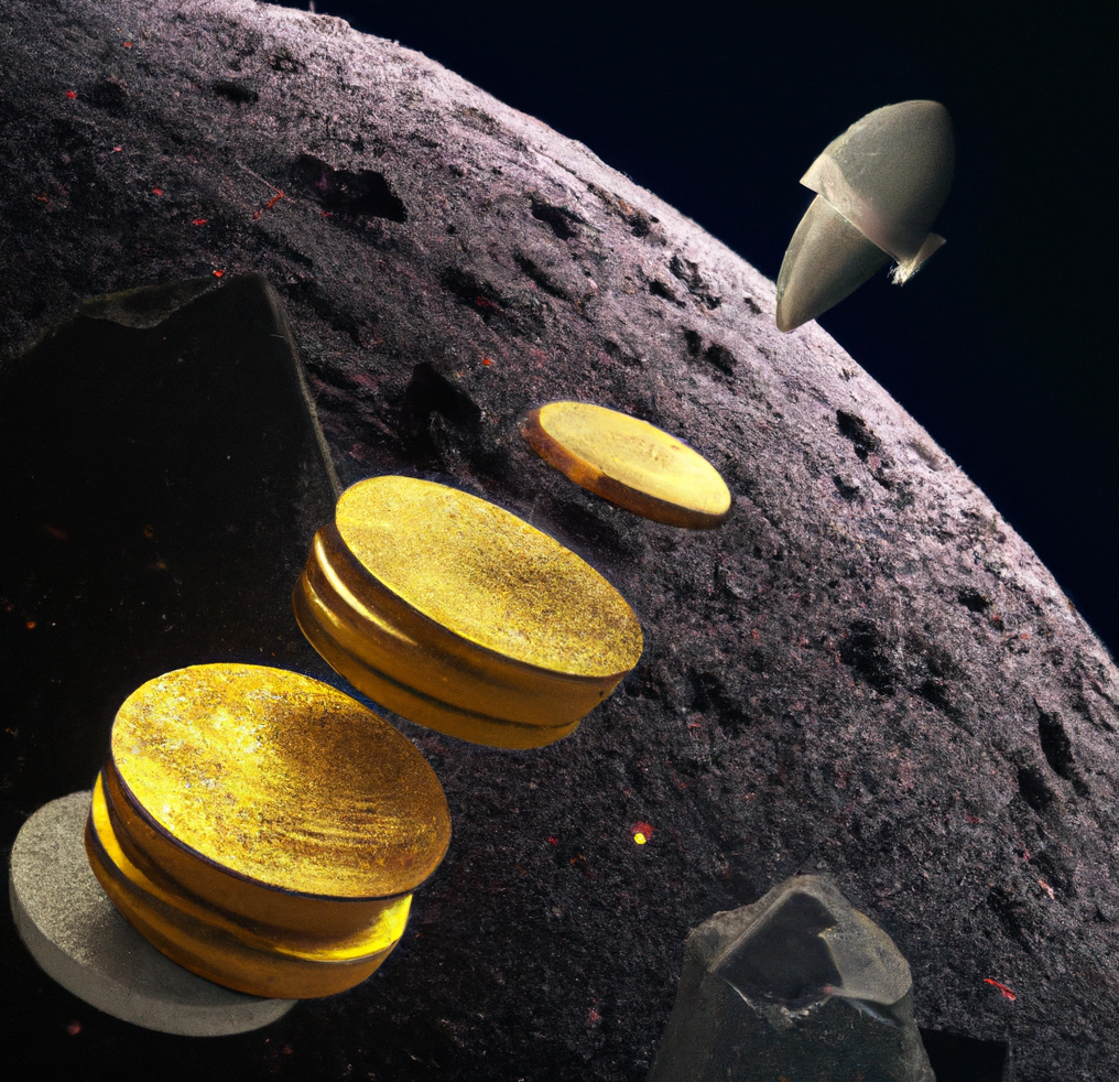 AI-generated image of gold coins floating in space near an asteroid, with a rocket in background